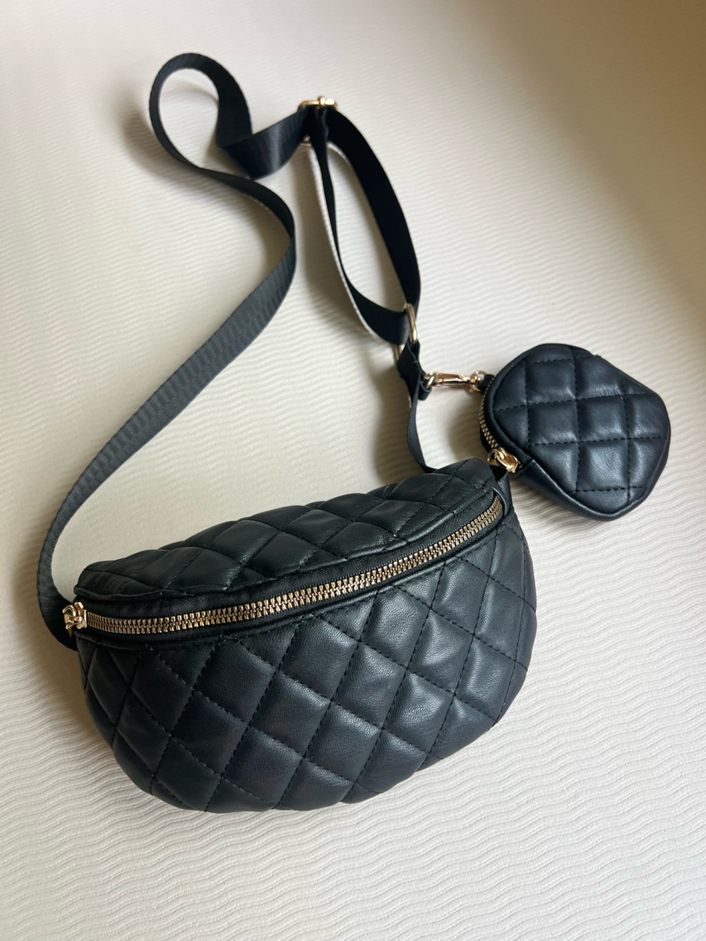 Quilted Black Crossbody Belt Bag with Coin Pouch